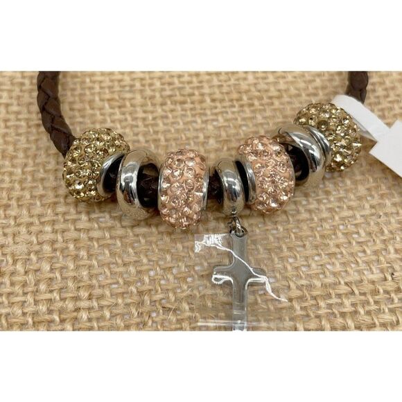 Brown Leather Bracelet Crystal Beads Stainless Steel Cross Polished Spacers 7.5 - Picture 6 of 6
